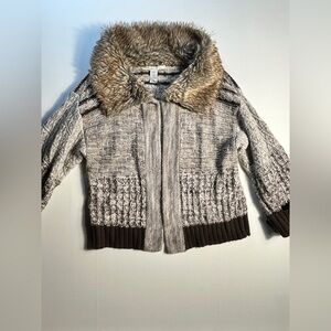 American Rag Vintage Y2K Cream and Brown Wool Fur Collar Cardigan/ Jacket Large